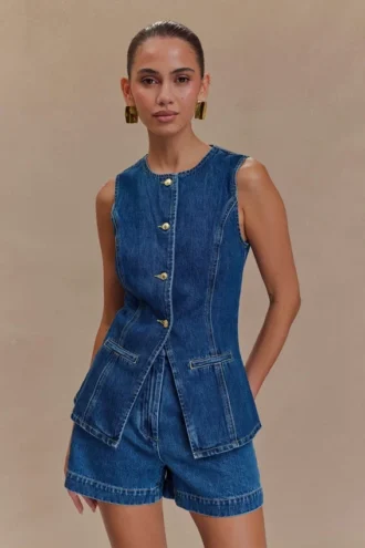 Abel Denim Button Up Top – Mörkblå