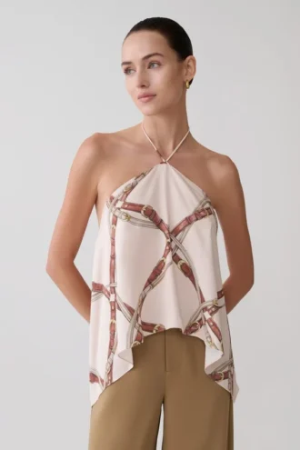 Adelaide draperad satin-halterneck-top – kedjemönster