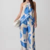 Adelaide draperad satin-haltertop – blått geometriskt mönster