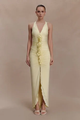 Alessandra Slinky Ruffle Maxiklänning – Citron