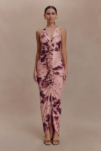 Alessandra Slinky Ruffle Maxiklänning – Rosa suddat blommönster