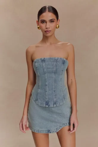 Alessia broderad Denim-korsett – ljus vintage