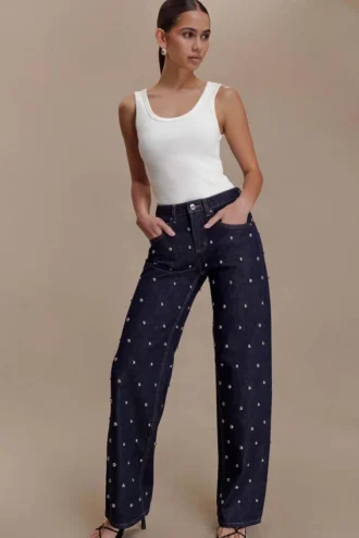 Alima midjehöga studsjeans i Denim – tvättad indigoblå
