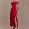 Allegra Off Shoulder Ruffle Midi Klänning – Ruby