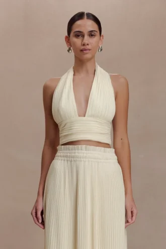 Amaris ärmlös plisserad halterneck-top – citron