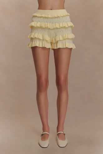 Amy Pointelle-stickade byxor med volanger – Lemon