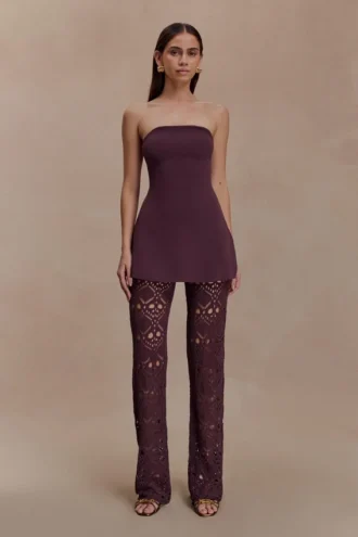 Anette bandage-stickad axelbandslös topp – choklad