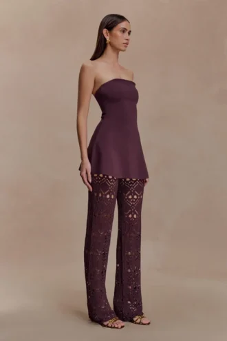 Anette bandage-stickad axelbandslös topp – choklad