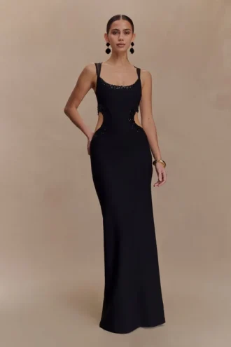 Angelique Beaded Crepe Maxi Klänning – Svart