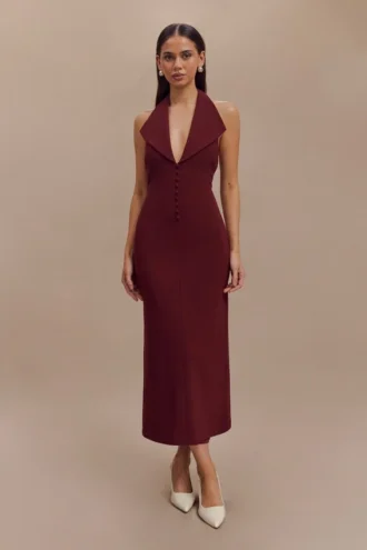 Annita halterneck-midiklänning i crepe – Merlot