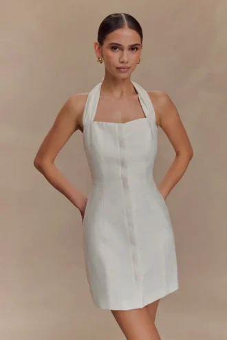 Anya linne-miniklänning med halterneck – Oat Marle