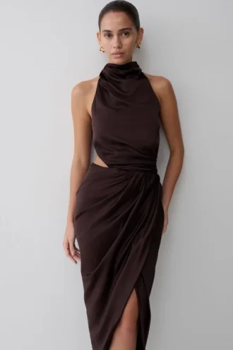 Aveline draperad halterneck-midiklänning – mörk choklad