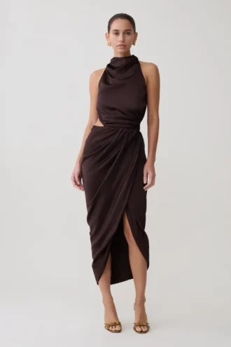 Aveline draperad halterneck-midiklänning – mörk choklad