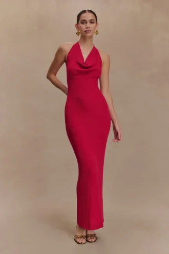 Ayella Cowl Knit Maxi Klänning – Raspberry