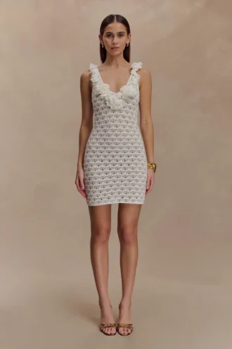 Brigid Ruffle Knit Sleeveless Klänning – Ivory