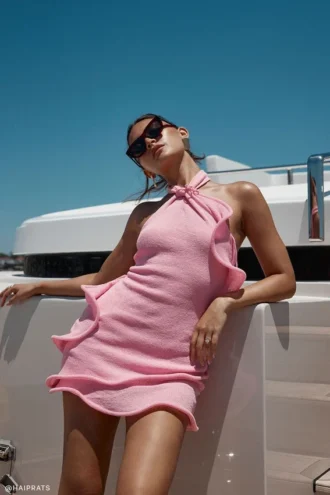 Caprice halterneck-miniklänning i stickat – Bubblegum Pink