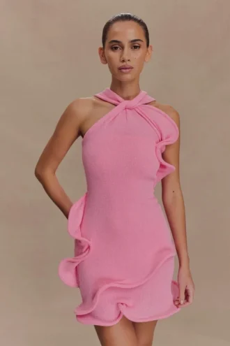 Caprice halterneck-miniklänning i stickat – Bubblegum Pink