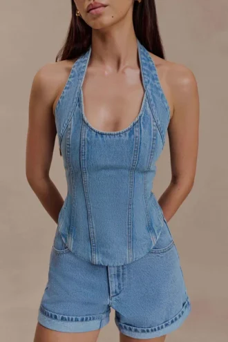 Meadow Denim Corset Halter Top – Classic Blue