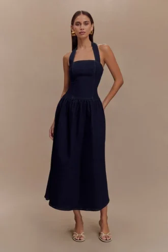 Caroline Denim Halter Midi Klänning – Indigo Blue
