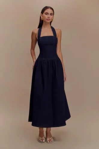 Caroline Denim Halter Midi Klänning – Indigo Blue