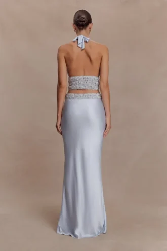 Clementine Chiffon Handbroderad Maxikjol – Ljusblå