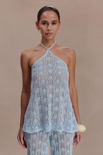 Corey Crochet Halter Neck Top – ljusblå