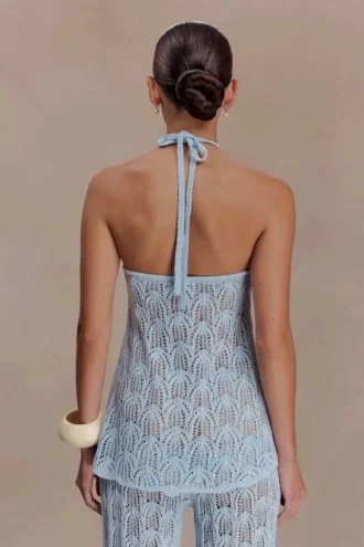 Corey Crochet Halter Neck Top – ljusblå