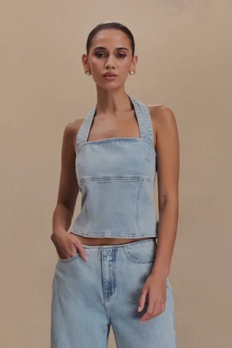 Dayna Denim Halter Top – Ljusblå