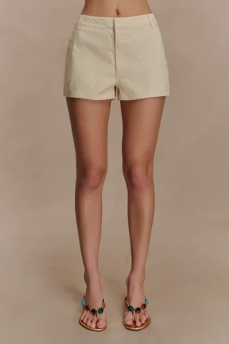 Ebony Embroidered Denim Micro Shorts – Cream