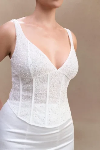 Elsie pärlbroderad bustier-top – vit