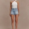 Erin midjehöga Denim Shorts – tvättade ljusblå Erin midjehöga Denim Shorts – tvättade ljusblå