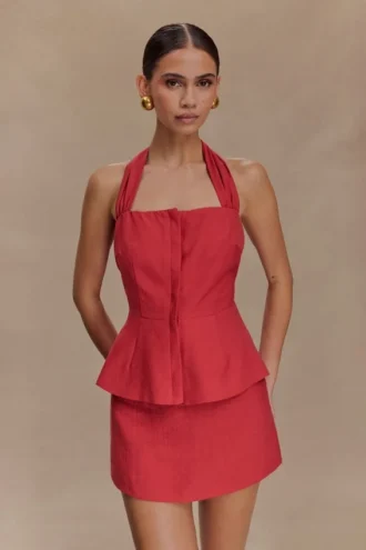 Kallie linnepeplum-halterneck-top – Burnt Rose