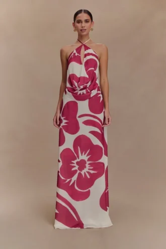 Katalina Chiffon Maxikjol – Röd Deco Fleur-tryck Katalina Chiffon Maxikjol – Röd Deco Fleur-tryck
