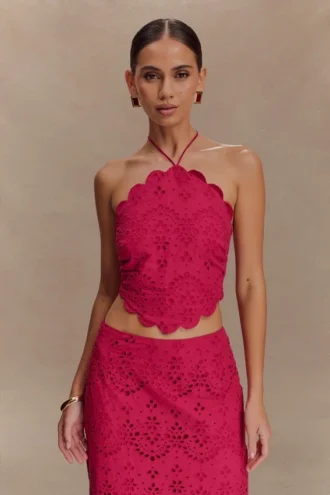 Kensley Broderie halterneck-top – Dragonfruit