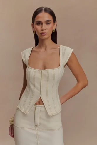 Loretta Denim Top med korta ärmar – Ecru