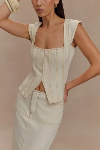 Loretta Denim Top med korta ärmar – Ecru