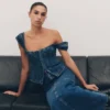 Loretta Denim Top med korta ärmar – tvättad mörkblå