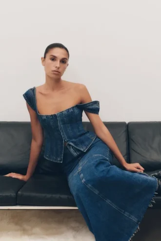 Loretta Denim Top med korta ärmar – tvättad mörkblå