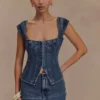 Loretta Denim Top med korta ärmar – tvättad mörkblå