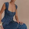 Loretta Denim Top med korta ärmar – tvättad mörkblå