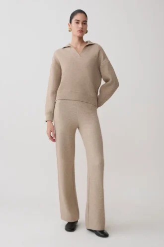 Evan stickade byxor med vida ben – beige melerad