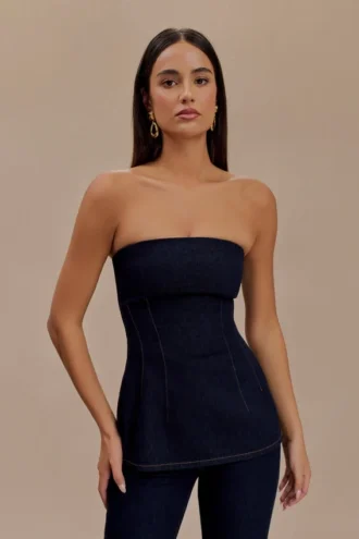 Madelyn Strapless Longline Denim Top – Indigo Blue