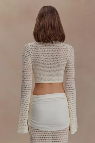 Mania Crochet långärmad kort topp – elfenben