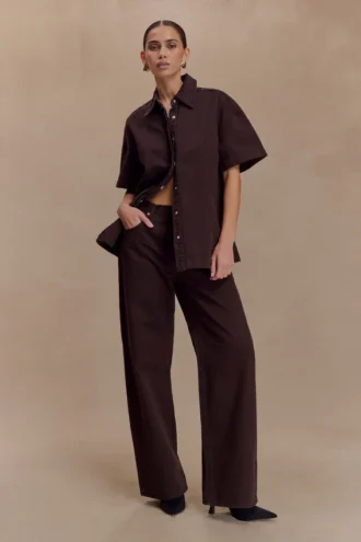 Mannon midjehöga Denim-jeans – chokladbruna Mannon midjehöga Denim-jeans – chokladbruna
