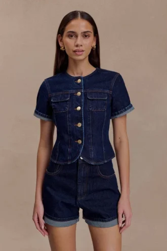 Marge figursydd kortärmad topp i Denim – indigoblå