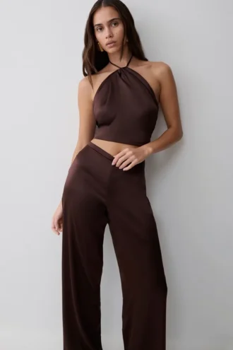 Mariana Halter Silk Blend Sleeveless Top – Dark Chocolate