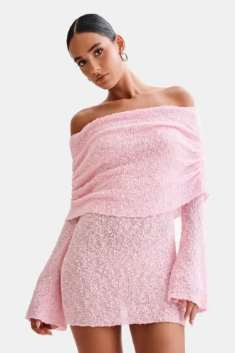 Marisol axelbar bouclé-miniklänning – babyrosa