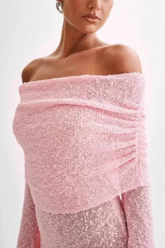 Marisol axelbar bouclé-miniklänning – babyrosa