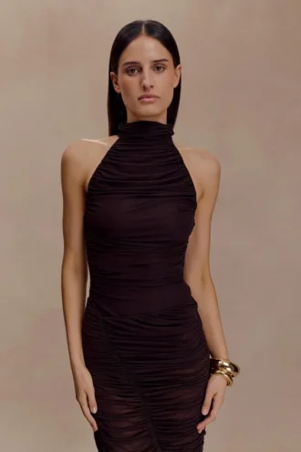 Matilda rynkad bodysuit i mesh – chokladbrun