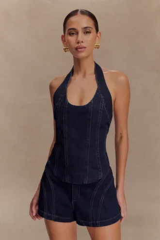 Meadow Denim Corset Halter Top – Indigoblå